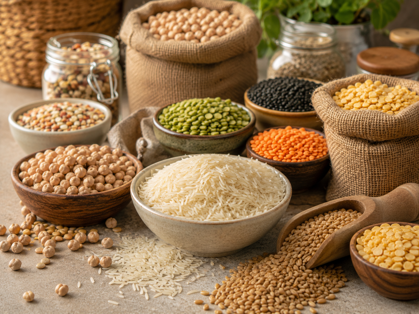 Rice grains and pulses